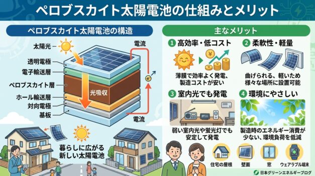 ペロブスカイト太陽電池の構造と利点を示す日本語インフォグラフィック