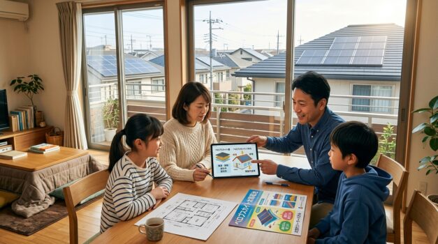 ペロブスカイト技術について話し合う日本の家族