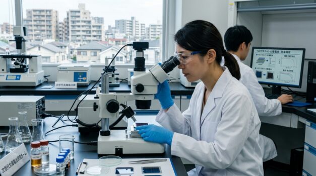 ペロブスカイト太陽電池のサンプルを調べる日本の科学者