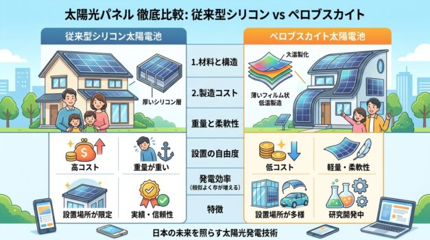 従来の太陽電池とペロブスカイト太陽電池の違いを示す日本語の比較チャート