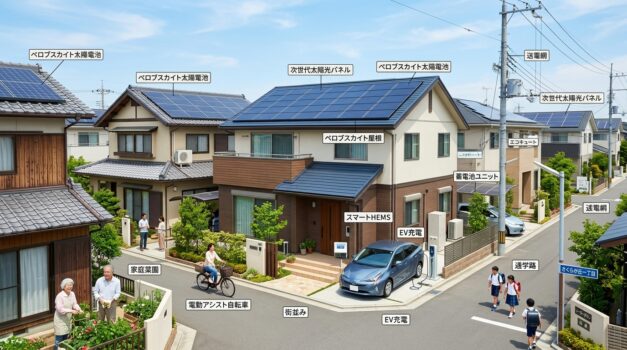 ペロブスカイト技術を使用したソーラーパネルがある日本の住宅街