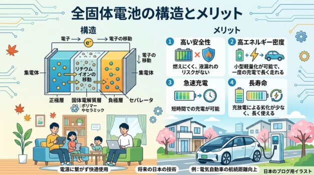 全固態電池の構造と利点を示すインフォグラフィック