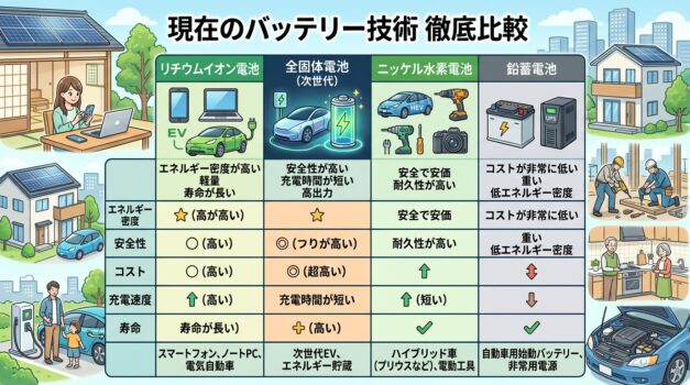 現在の電池技術を比較する日本語のチャート