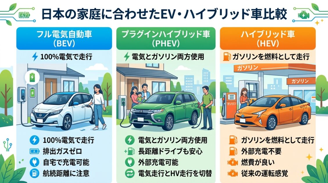 異なるタイプのEVを比較する日本語インフォグラフィック