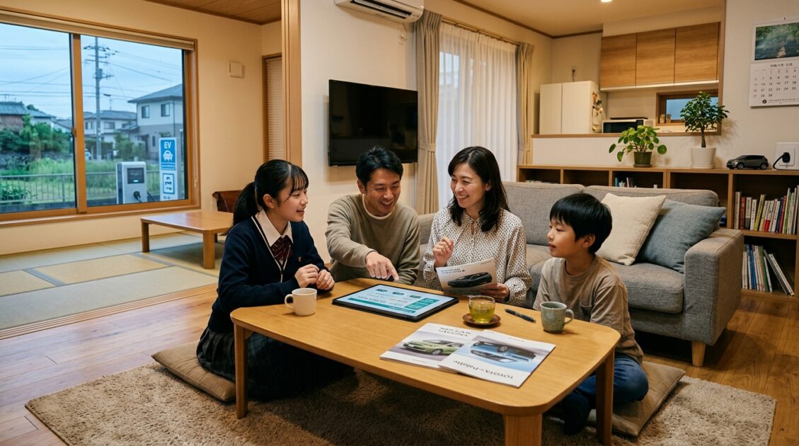 日本のリビングルームでEVの選択肢を話し合う日本の家族