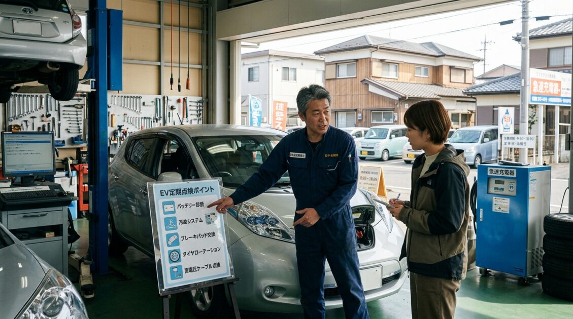 ガレージでEVメンテナンスを説明する日本の整備士