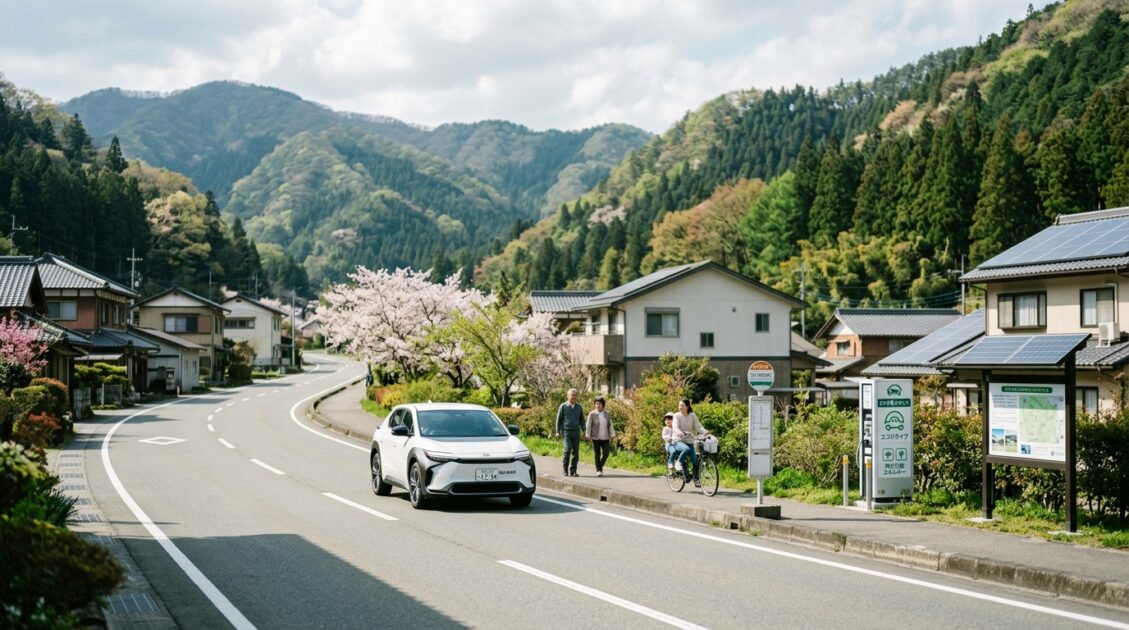 エコフレンドリーな旅を示すトヨタEVが走る日本の風景