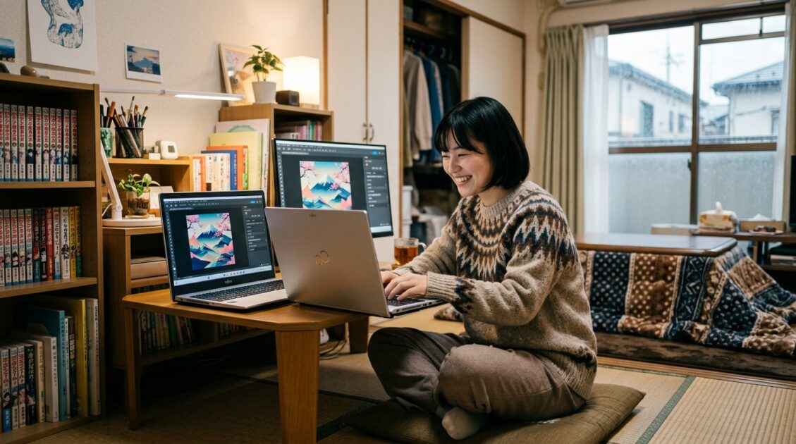 AI生成アートを作成する日本人女性