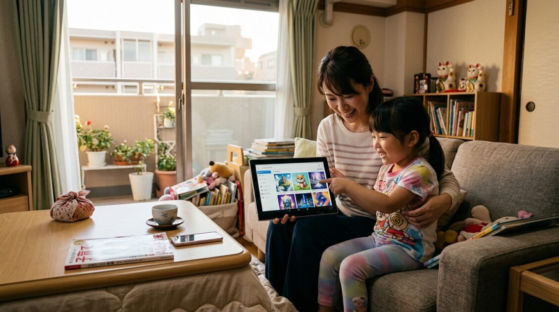 タブレットでAI生成画像を探る日本の母と子