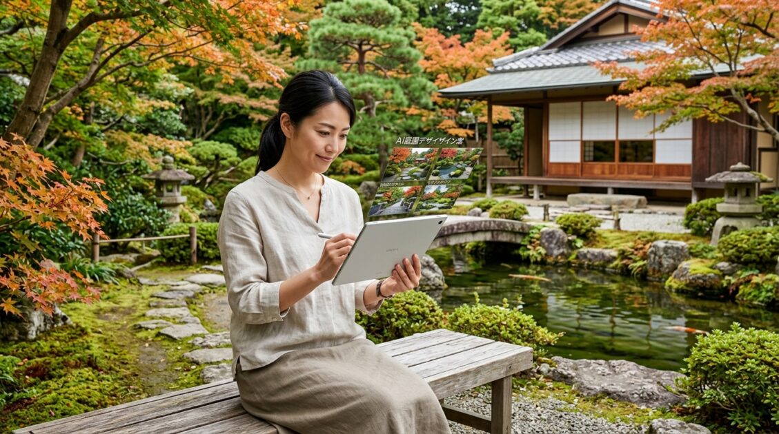 AI生成の風景デザインを閲覧する日本庭園の人