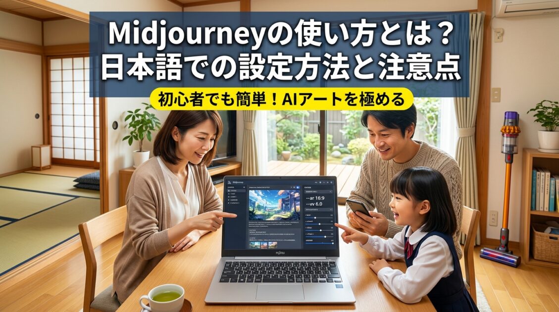 日本の家庭でMidjourneyの設定を話し合う家族