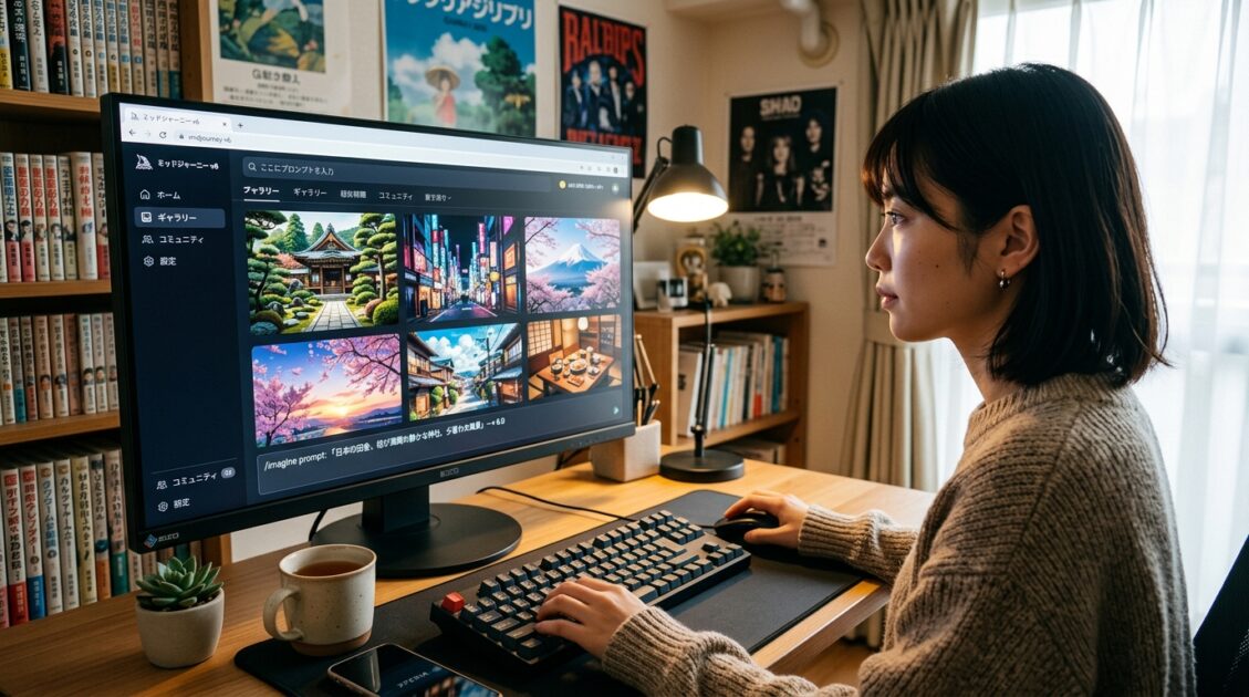 日本語で表示されたMidjourneyのインターフェースが映るパソコン画面