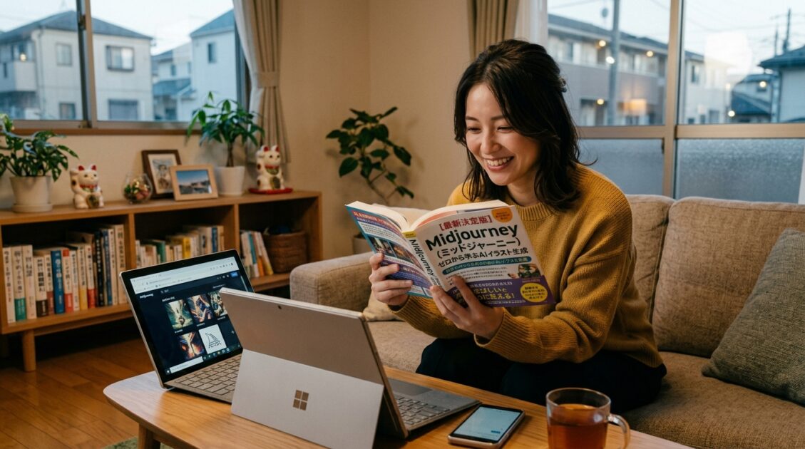 Midjourneyのガイドブックを読む日本人女性