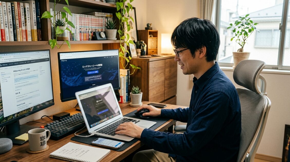 自宅のオフィスでMidjourneyを設定する日本人男性