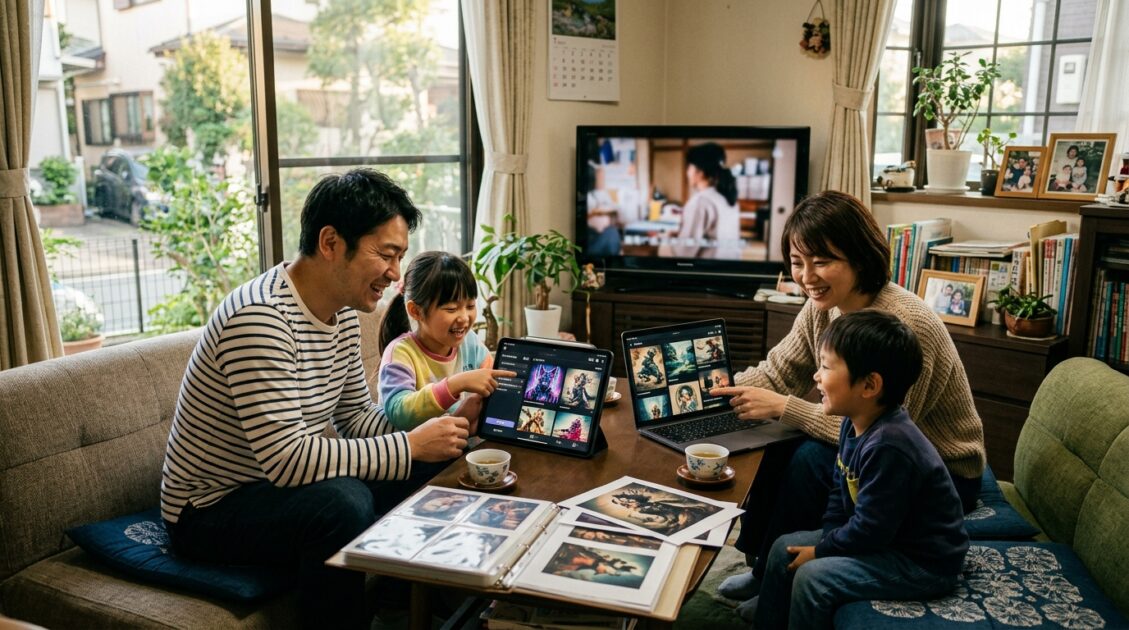 リビングルームでMidjourney生成画像を楽しむ日本の家族