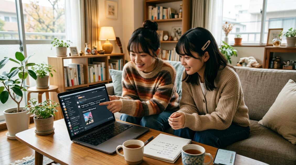 友人にMidjourneyの設定を説明する日本人女性