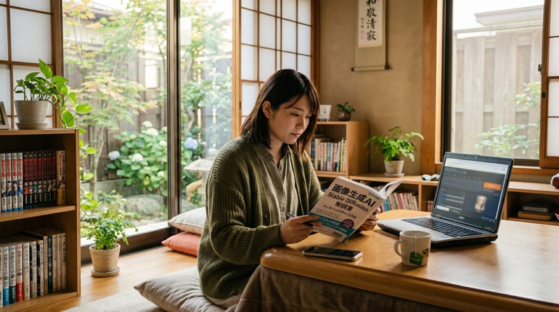 居心地の良い日本のリビングでStable Diffusionのガイドを読む女性