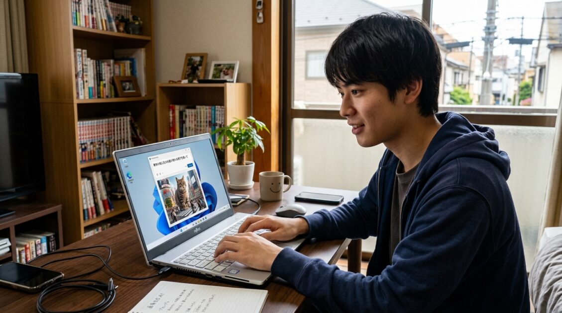 若い男性が画像生成のためにプロンプトを入力しているところ