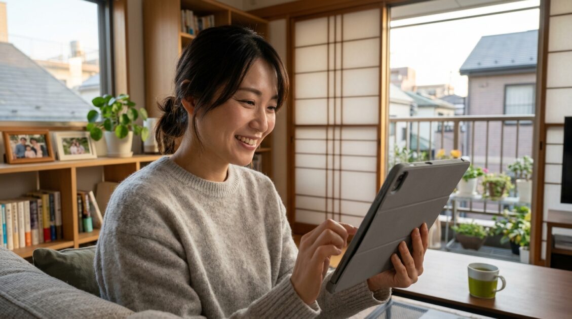 女性がタブレットでAI生成画像を見ている様子