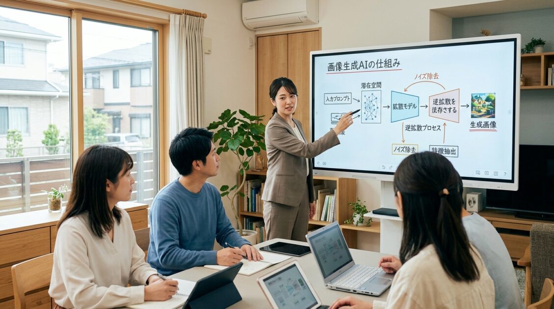 技術者が画像生成についてデジタルホワイトボードで説明している様子