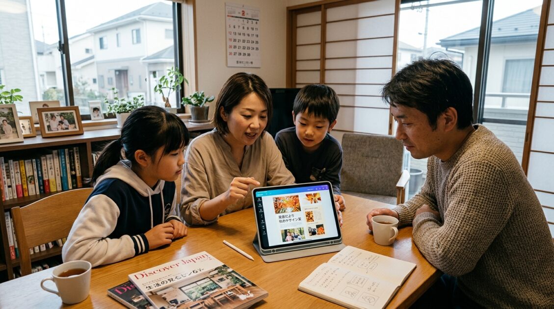 Canvaでデザインアイデアを話し合う日本の家族