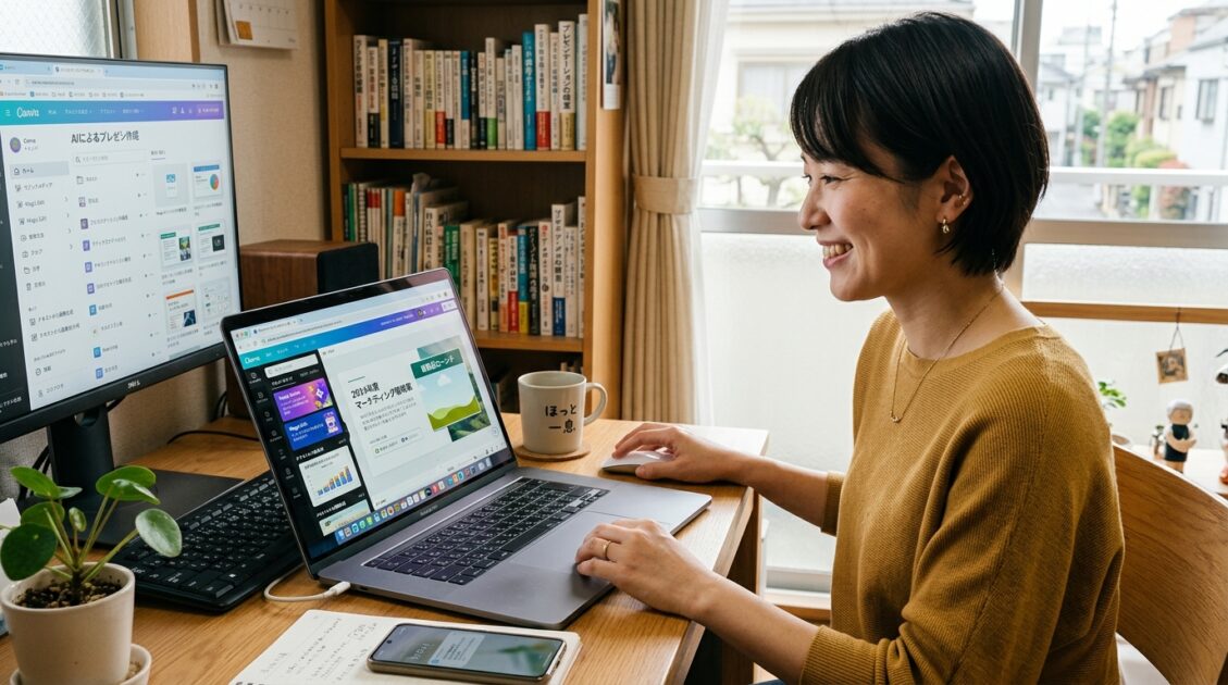 CanvaのAIツールでプレゼンテーションを作成する日本人女性
