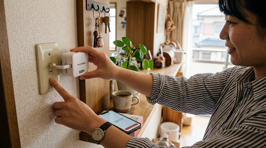 日本の家庭でSwitchBotデバイスを設定する様子のクローズアップ。