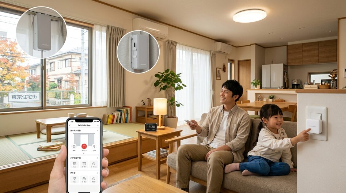 リビングルームでSwitchBotデバイスを使う日本の家族、スマートホーム技術の利便性を示す。