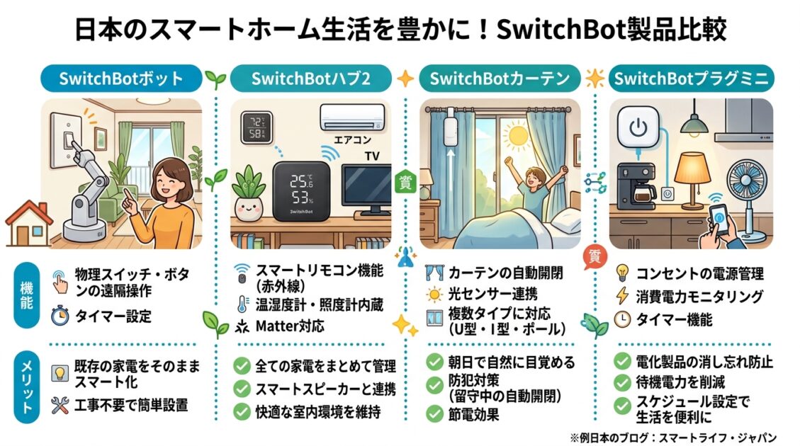 様々なSwitchBotの種類を比較する詳細なチャート、日本語で特徴と利点を説明。