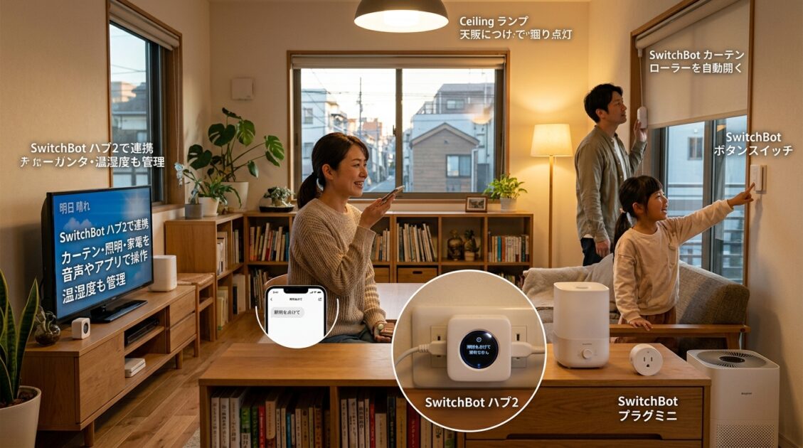 SwitchBotハブ2で操作されるスマートホームデバイスと日本の家族