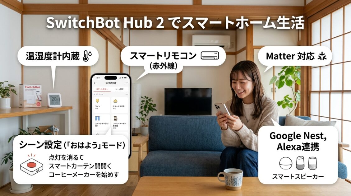 SwitchBotハブ2のインターフェースとその機能を示す詳細な画像