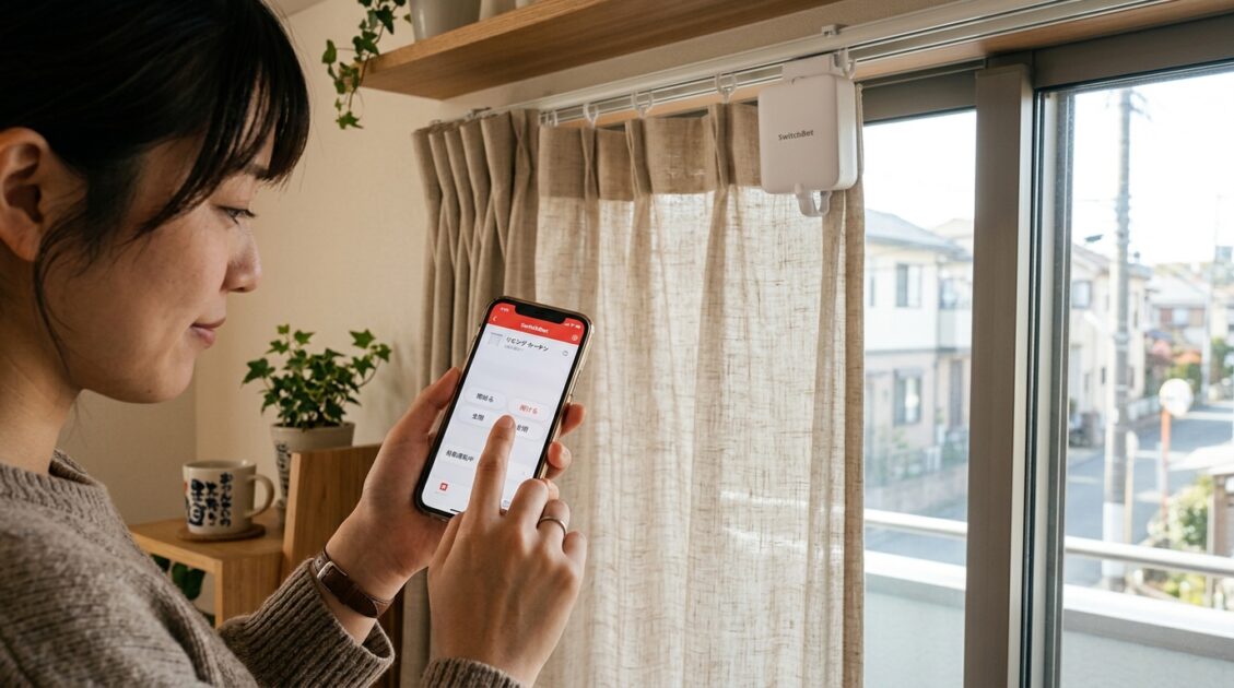 スマートフォンでSwitchBotカーテンを操作する様子のクローズアップ