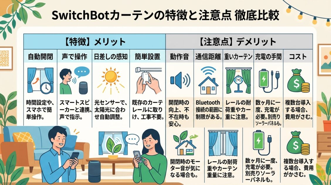 SwitchBotカーテンの特徴とデメリットを比較したチャート
