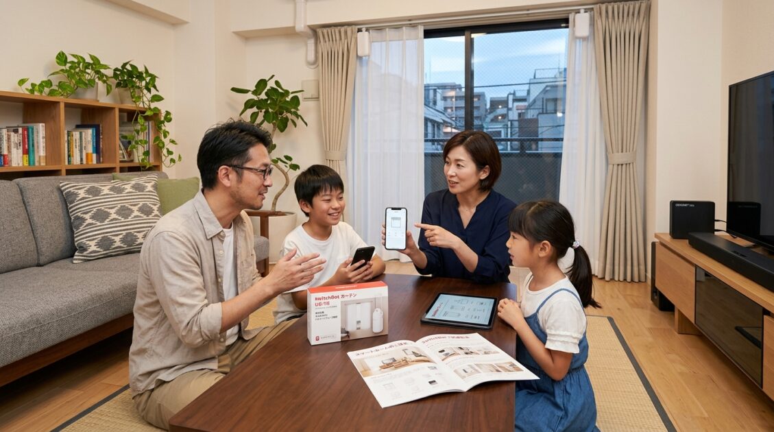 SwitchBotカーテンについて話し合う日本の家族