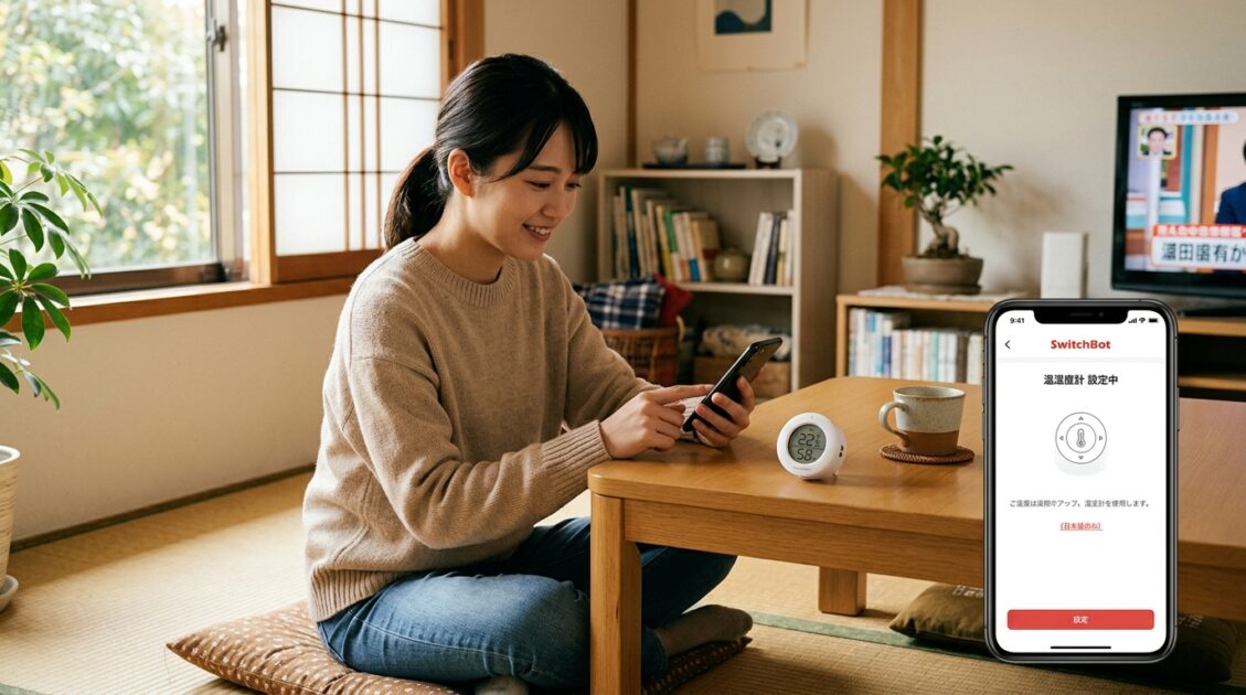 スマートフォンアプリでSwitchBot防水温湿度計を設定する様子