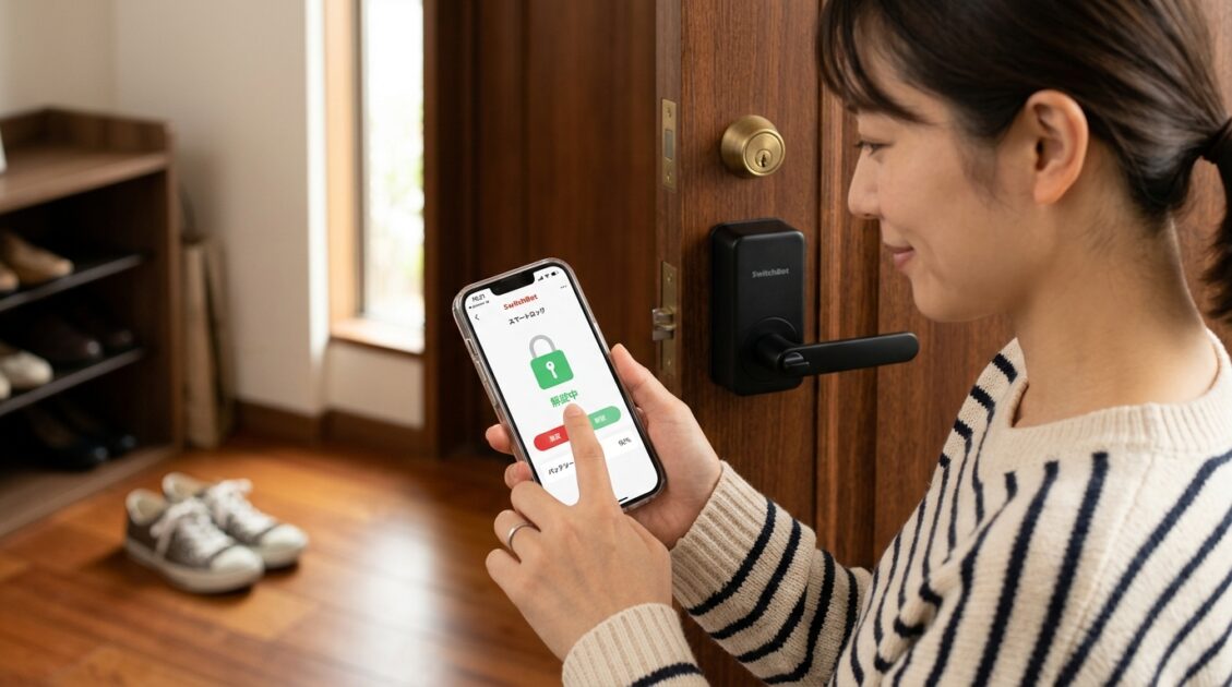 スマートフォンアプリでSwitchBotロック Proを操作する様子
