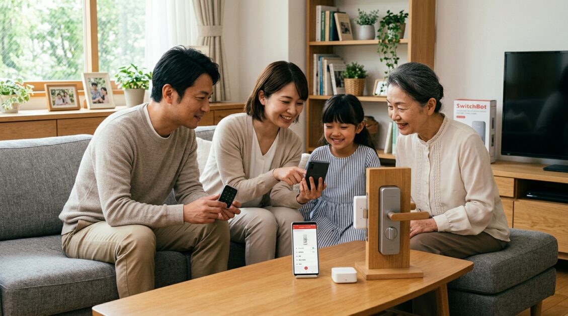 リビングルームでSwitchBotロック Proの機能について話し合う家族