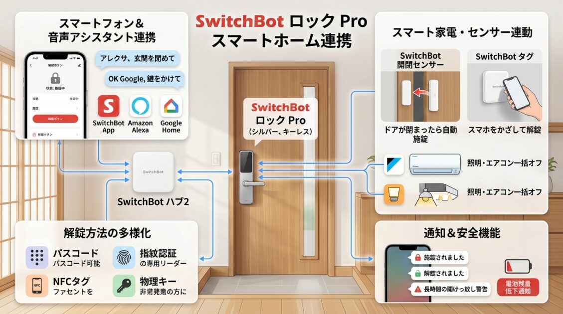 SwitchBotロック Proが他のスマートホームデバイスと連携する技術的な図