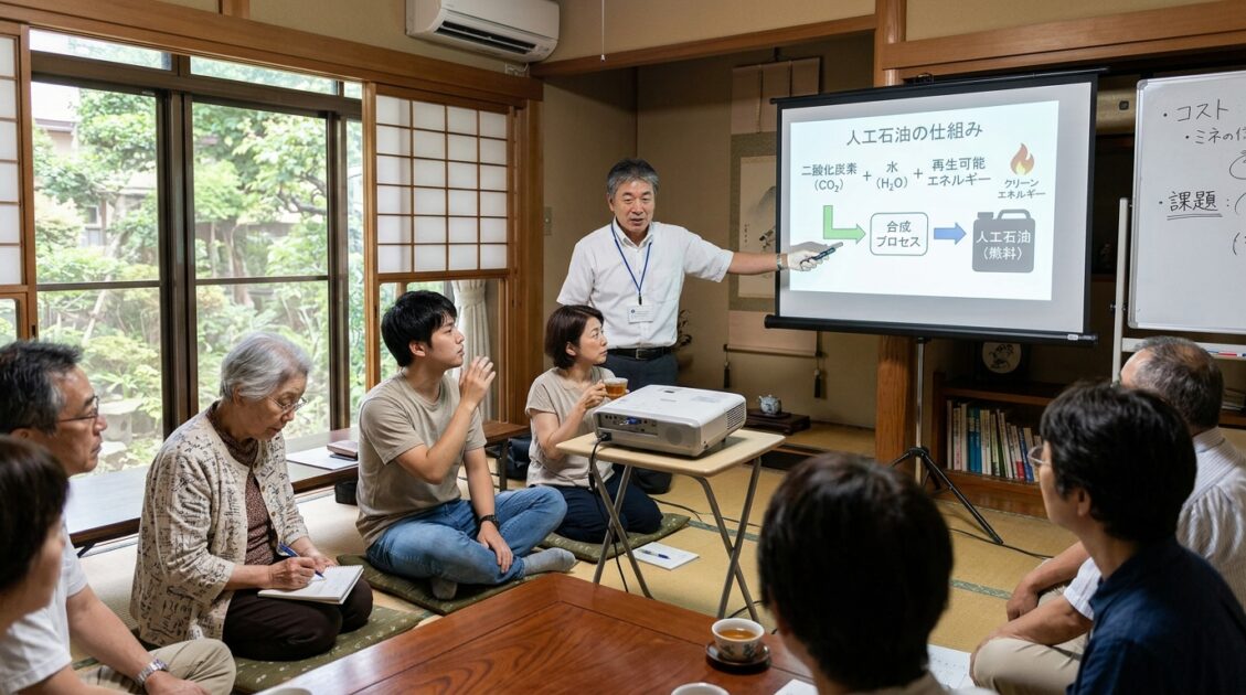 人工石油について多様な人々に説明する日本の科学者