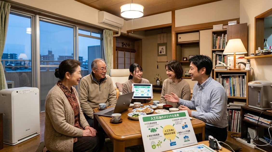 人工石油の利点について家庭で話し合う日本の家族