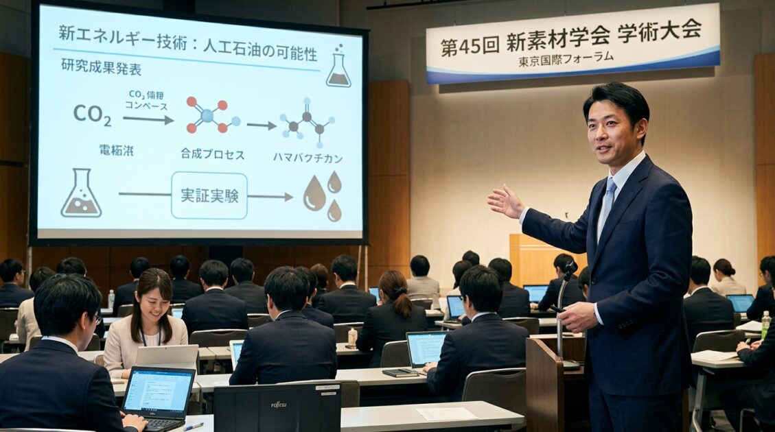 人工石油技術を会議で発表する日本のエンジニア
