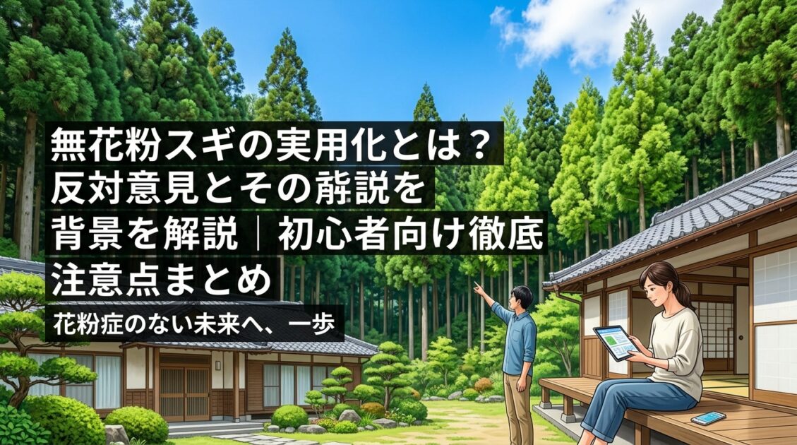 青空の下に広がる日本のスギ林、従来のスギと無花粉スギが混在