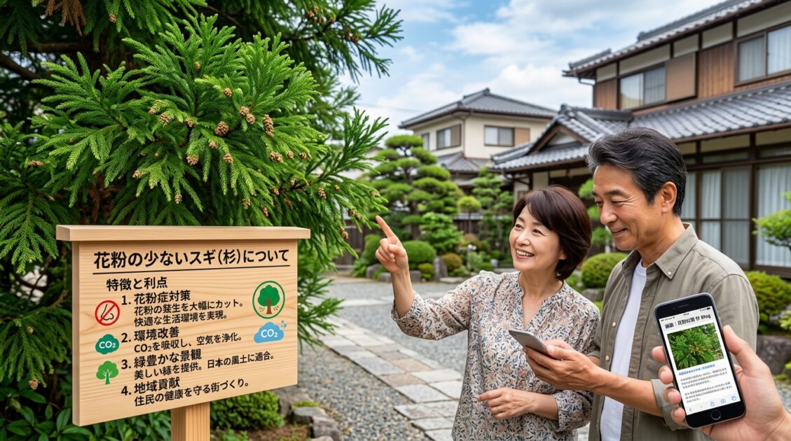 無花粉スギの近接写真、メリットを説明する看板付き