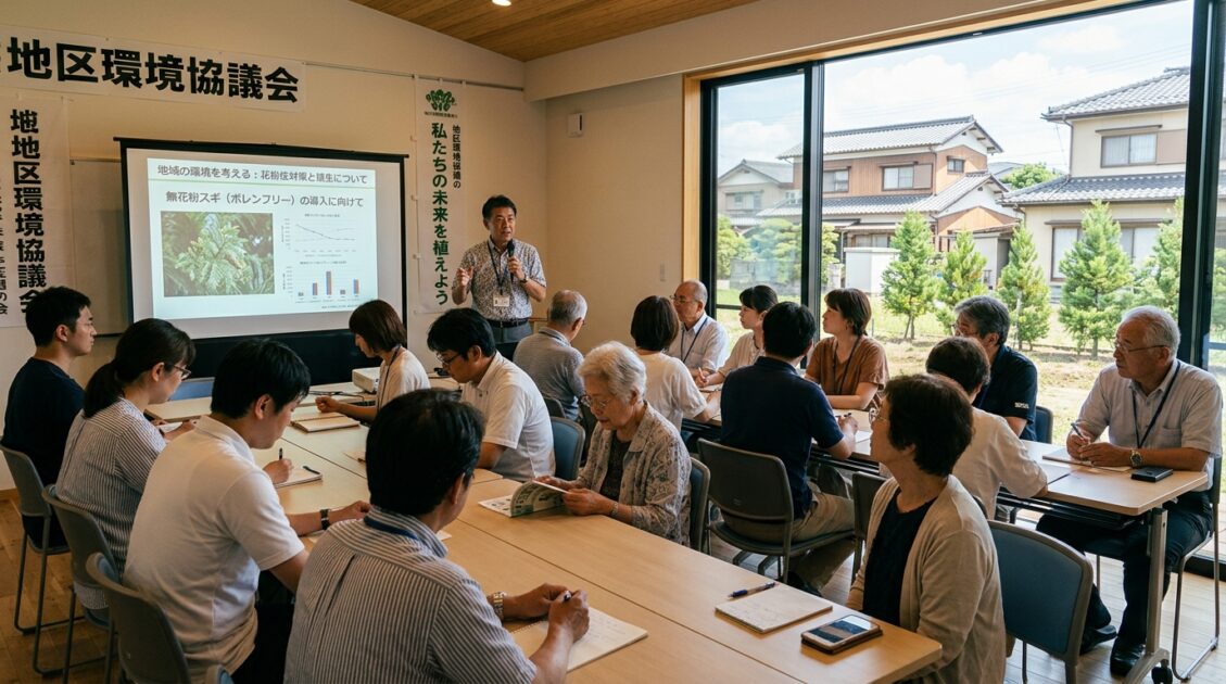 環境問題を議論する日本のコミュニティミーティング、無花粉スギを含む