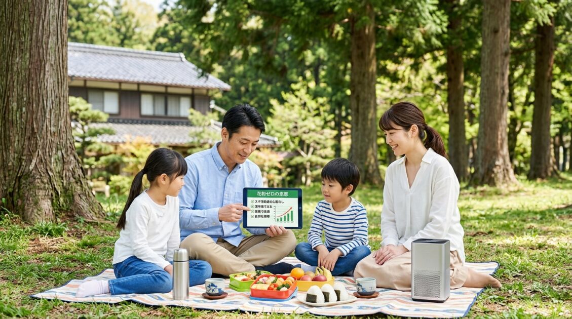 スギの木の下でピクニックを楽しむ日本の家族、無花粉スギの利点に焦点