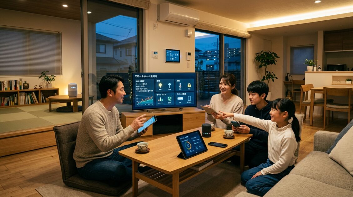 スマートホームで技術を話す日本の家族