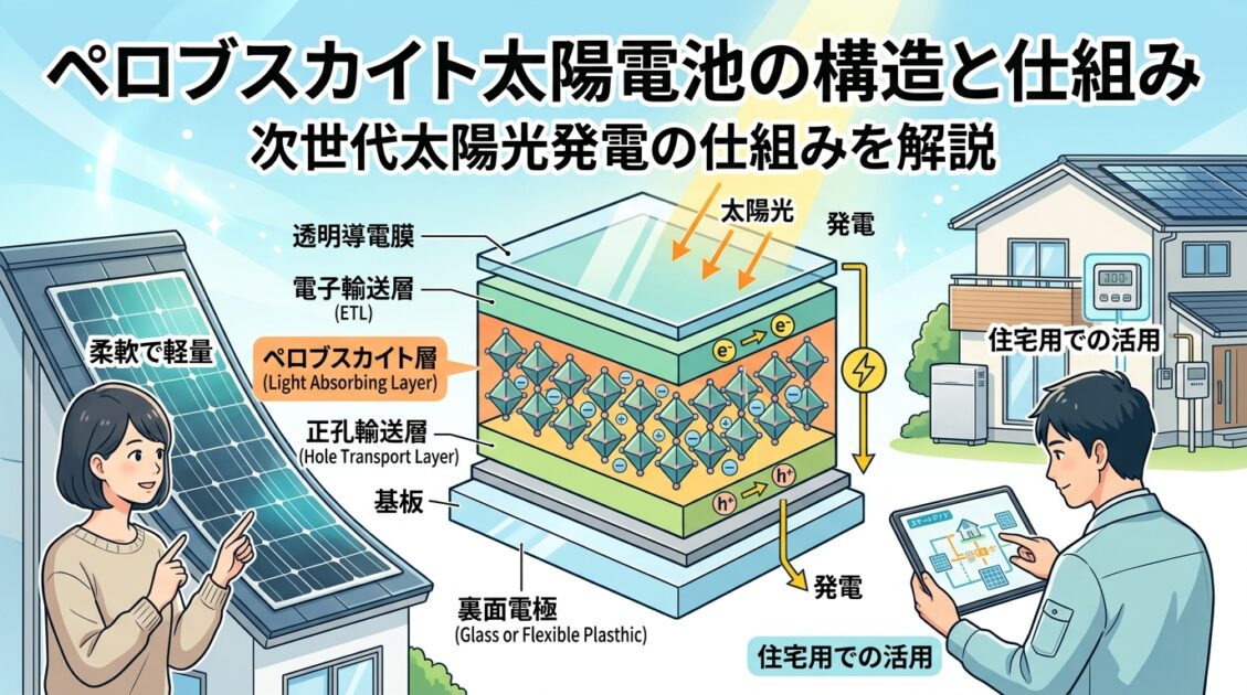 ペロブスカイト太陽電池の構造と材料のクローズアップ