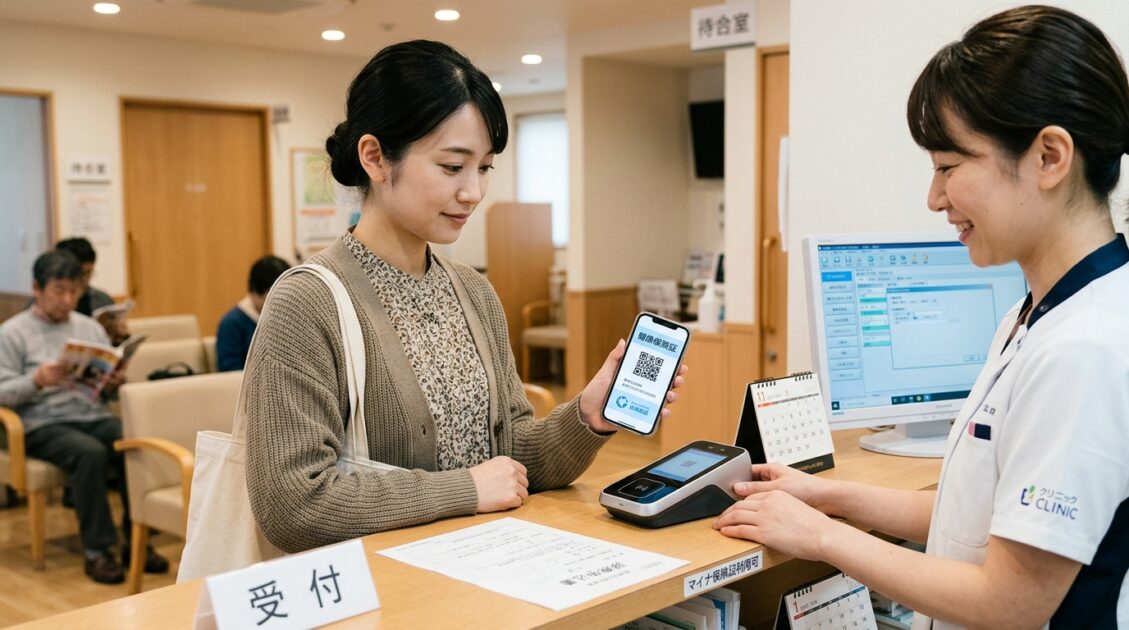 クリニックでデジタル保険証を利用する女性