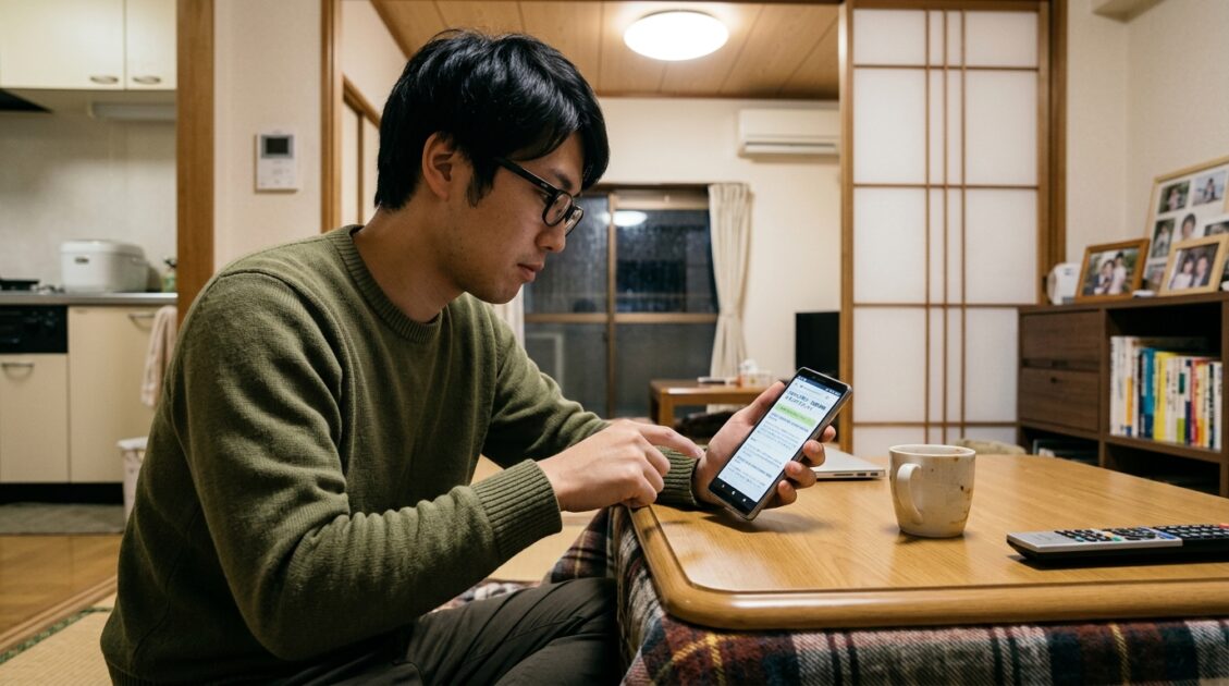 スマートフォンで保険ガイドを読む男性