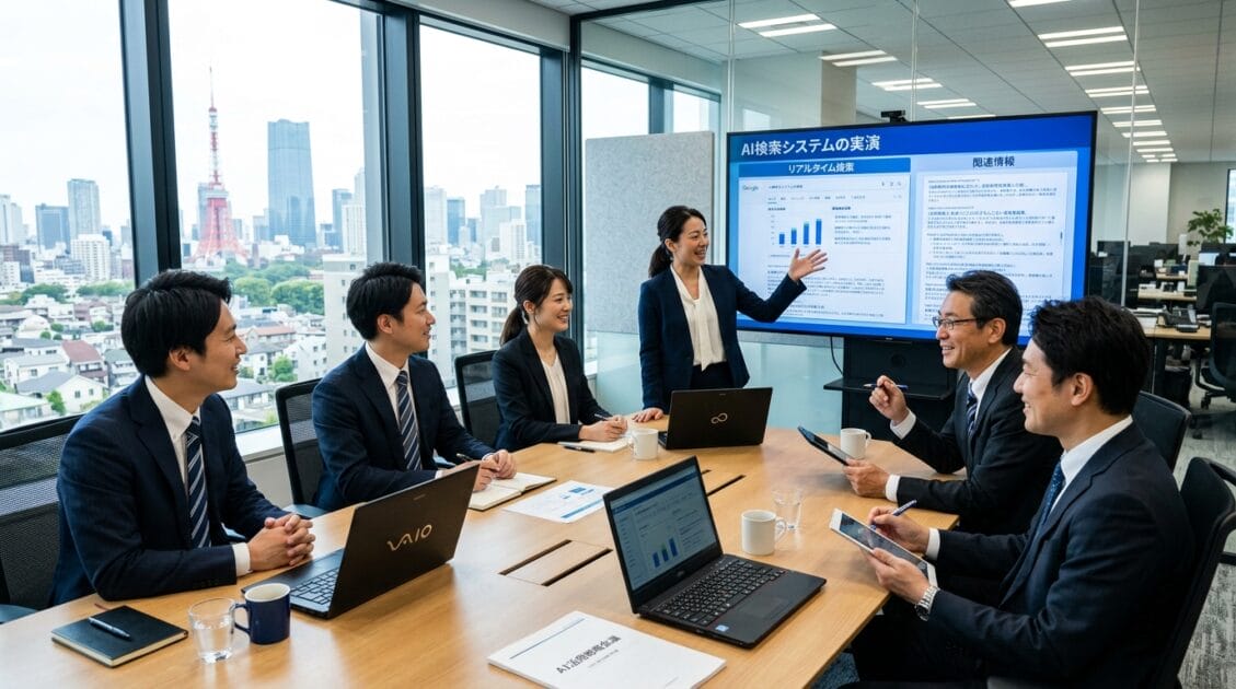 大画面でAI検索技術をデモする日本のビジネス会議